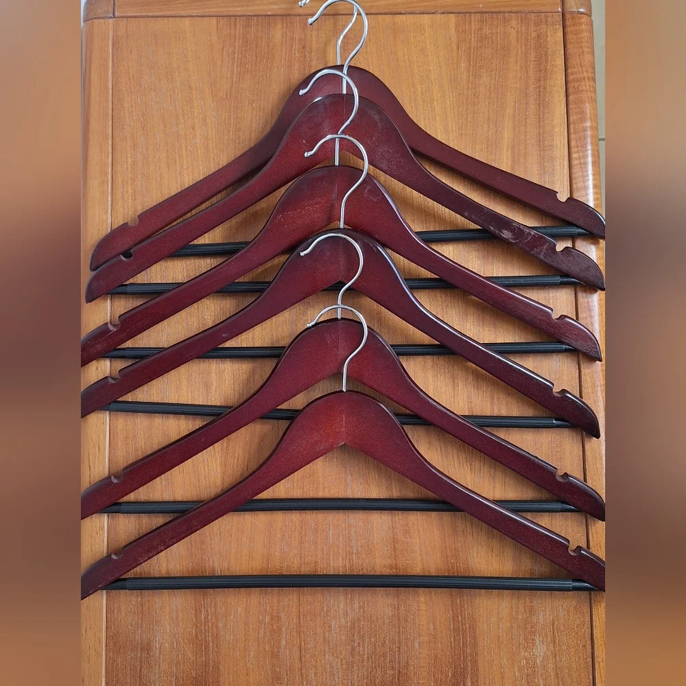 Solid Red Wood Hangers Mahogany Cherry Suits Pants Anti Slip Notched Vintage